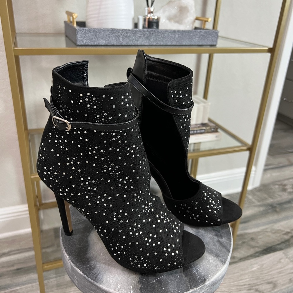 Heeled Rhinestone Open Toe Booties - Picture 3 of 5